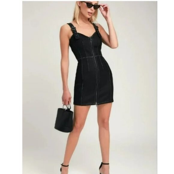 Honey Punch Black Zip-Front Bodycon Dress - Picture 1 of 16
